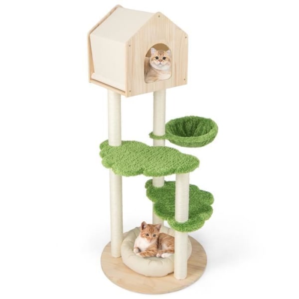 COSTWAY Cat Tree 139 CM puinen - raapimispylväs, asunto, kori, kissansänky, 2 tasoa - Cat Play Tower