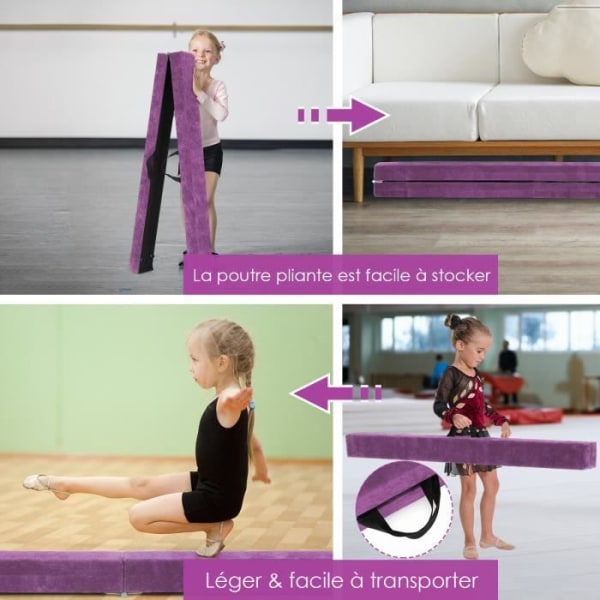 Vikbar gymnastikbalk 210 cm för barn - COSTWAY - Lila mockaöverdrag - 70 kg