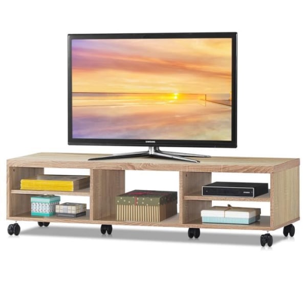 COSTWAY Modernt TV-ställ med låsande hjul TV upp till 140 CM (55''), öppna TV-förvaringshyllor, naturligt