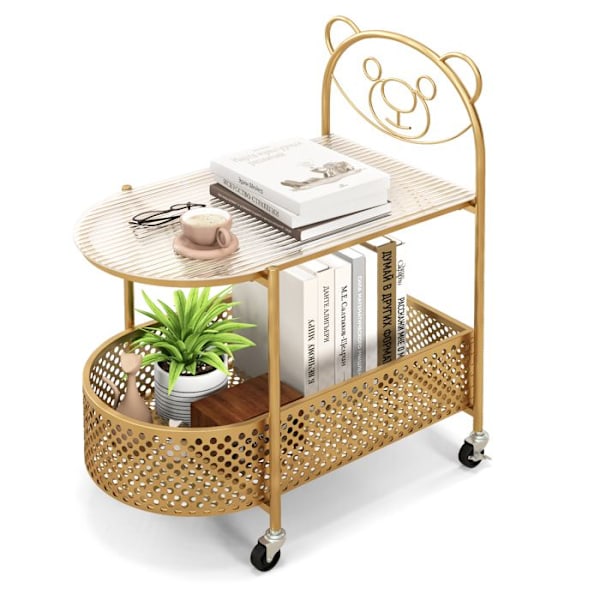 COSTWAY 2-lags mobilt sofabord i glas med bjørnedesign, metalstel, låsbare hjul, til stue, soveværelse, guld Transparent + guld