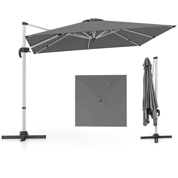 COSTWAY 3 m firkantet forskudt parasol med tværstangsbase, aluminium 360° drejelig vippearm 8 ribber, grå