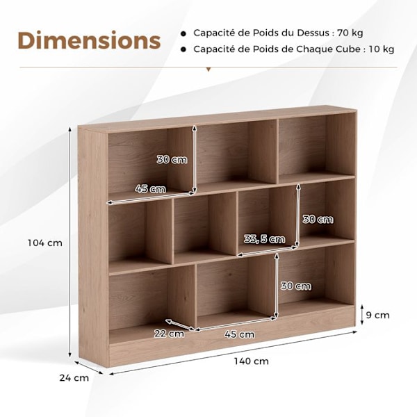 COSTWAY 3-kerroksinen säilytyskirjahylly - 140 x 24 x 104 CM-10 avoimet kuutiot - kaatumisenestosarja - Maksimikapasiteetti 170 kg - luonnollinen Naturlig