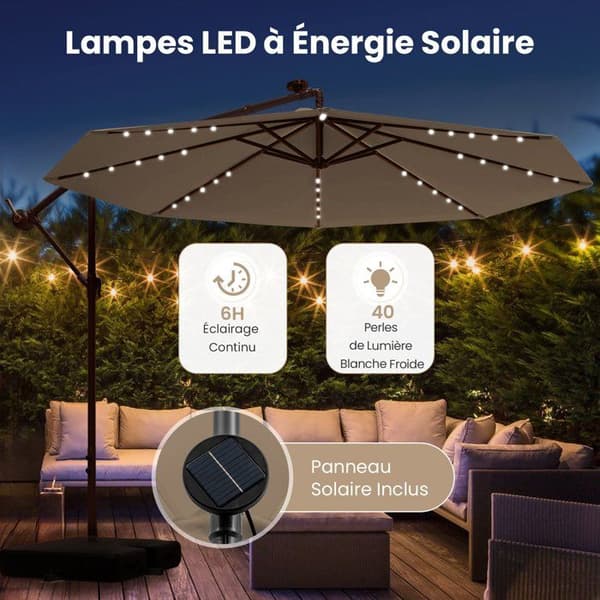 COSTWAY 3M Offset Parasoll med 40 LED-ljus Solpanel 6 Timmar, Cross Base Sandsäck Polyestertyg UV 20+ Brun brun