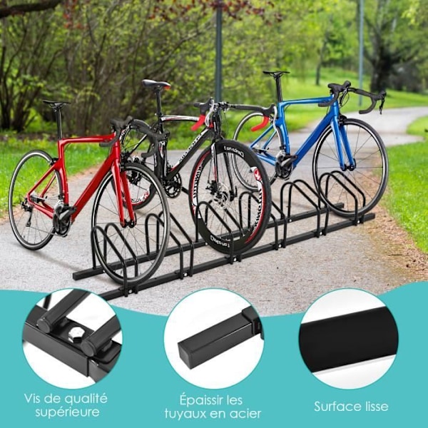 COSTWAY Stativ 6 stålcykler Gulv- eller vægmonteret 180x32,5x26CM Vejrbestandig Rustfast School Business Sort Svart