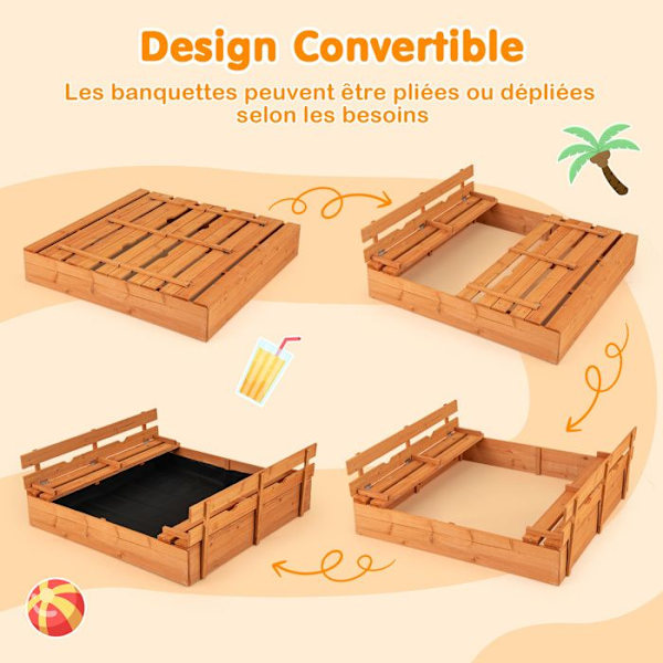 COSTWAY Sandkasse til Børn Udendørs 125 × 118 × 42,5 CM - med Foldbare Bænke og Beskyttelsesmåtte til Sand 18Måneder +
