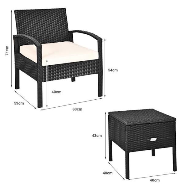 COSTWAY Havemøbelsæt - 3 stykker, 2 hynder, PE-rattan - 2 lænestole og sofabord med diskret opbevaringsplads, brun+beige