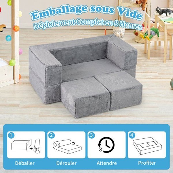 COSTWAY modulsofa til børn 3 dele cabriolet skum, foldbar sovesofa til soveværelse, stue, 100 x 52 x 42 cm, Grå