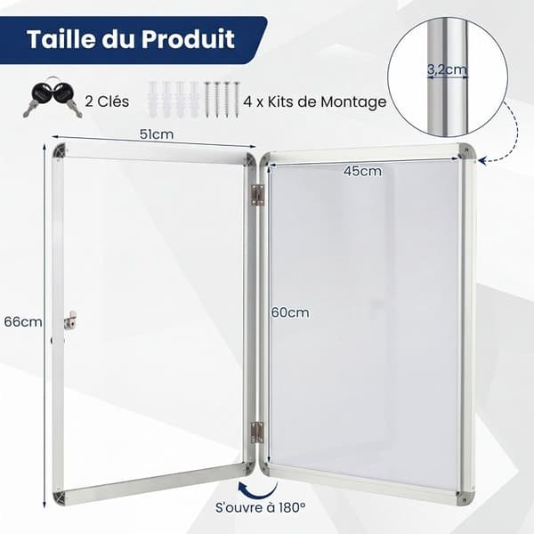 COSTWAY Väggmonterad Glasdisplay Låsbart Aluminiumram Silver 66x51cm Magnetisk Whiteboard för Kontor Hem