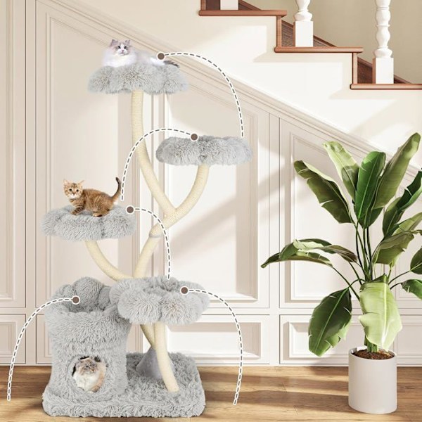 COSTWAY Multi-niveau Katte træ 165 CM, 4 Polstrede Platforme, Sisal Kradsetræ, 2-i-1 Condo Privat Niche, Grå Grå