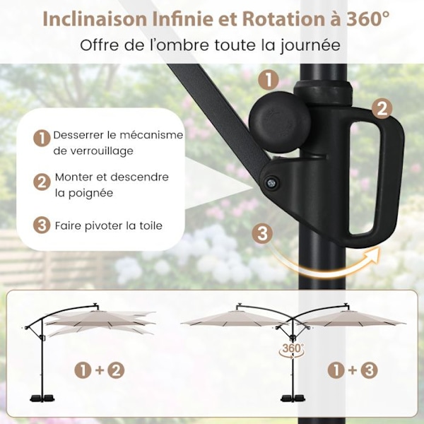 Parasol Deporter 3M med Base 96 LEDs - COSTWAY - Solbeskyttelse - Tipping Rotation 360° - 2 Sandposer - 8 Stænger Beige