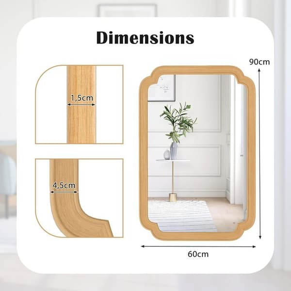Rektangulär Väggspegel 90 x 60 cm COSTWAY, Rundade Högar, för Badrum Entré Sovrum, Vertikal Horisontell Montering