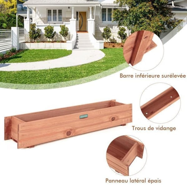 COSTWAY Föroljad granträ rektangulär planteringskar 91,5x18x16 CM Blomlåda med naturligt träsäd för trädgård/balkong kastanj