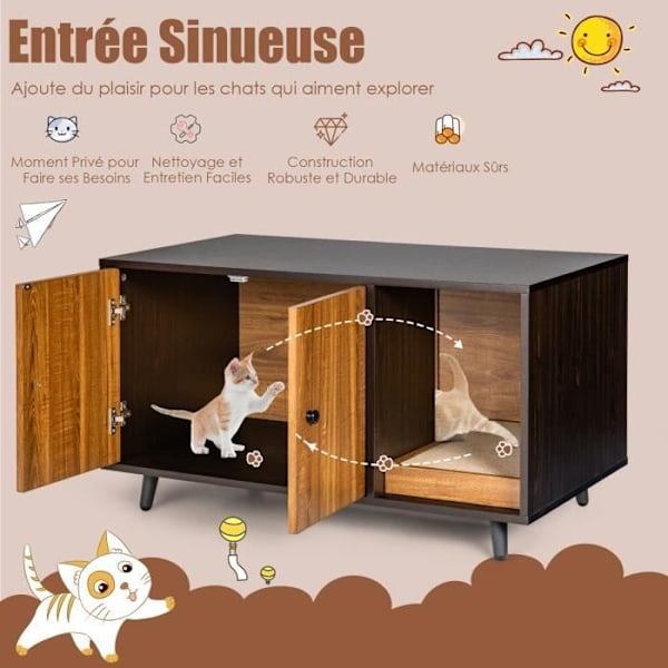 COSTWAY Cat House, kissan wc-kaappi pariovet ja raaputuslauta kissoille, 90 x 50 x 50 CM, ruskea Brun och Svart