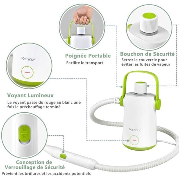 COSTWAY Portabel handhållen ångtvätt 1000W Vattentank 300ml 10 Tillbehör Temperatur 95°C Tryck 3 Bar Vit+Grön Vit+grön