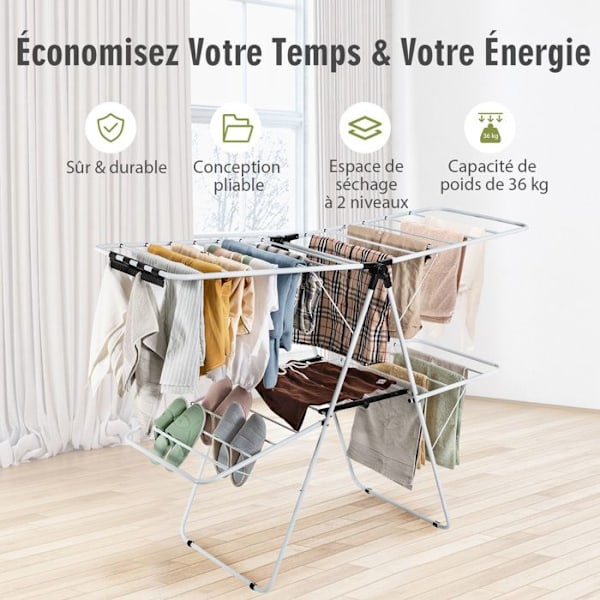 Foldable Tumble Dryer COSTWAY - 33 Bars, 26 Sock Clips - 2-Level Drying Rack Large Drying Surface in Steel