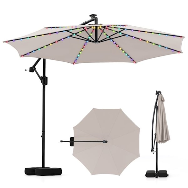 Parasol Deporter 3M med Base 96 LEDs - COSTWAY - Solbeskyttelse - Tipping Rotation 360° - 2 Sandposer - 8 Stænger Beige
