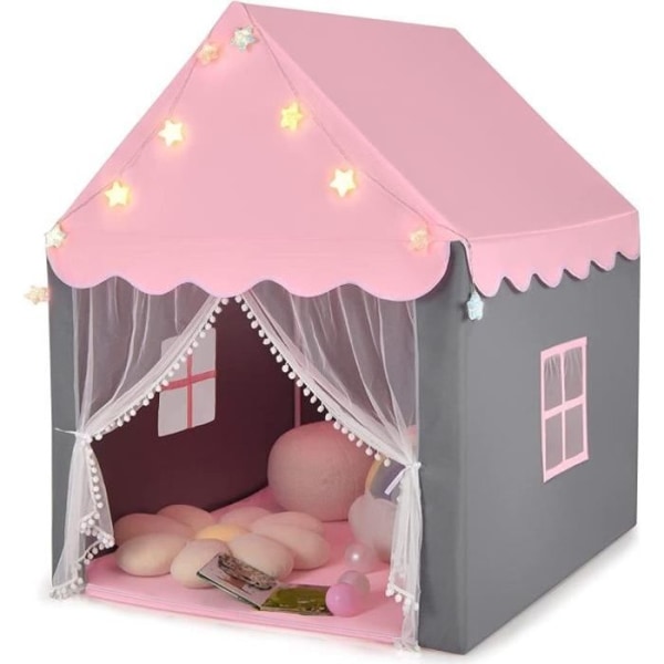 COSTWAY barntält, lekstuga inomhus/utomhus med stjärnljus, med tvättbar matta 105 x 121 x 136 CM, rosa