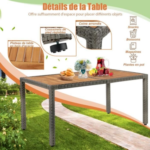 COSTWAY Trädgårdsmöbelset med 1 bord och 6 stolar i trä och anti-UV-rotting, justerbara fötter och vattentäta kuddar ingår, grå