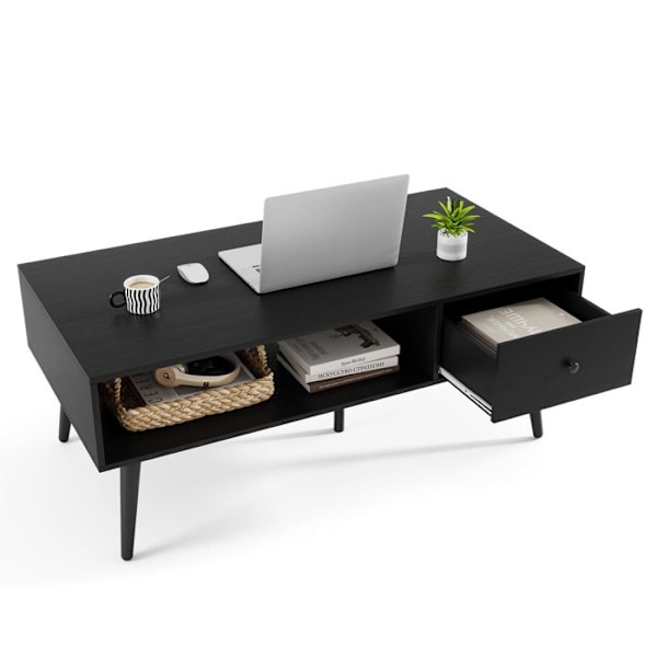 Rektangulær COSTWAY Sofabord, 1 Skuffe og Åben Opbevaringshylde, Stuebord 109 x 55 cm, til Kontorværelse, Sort Svart