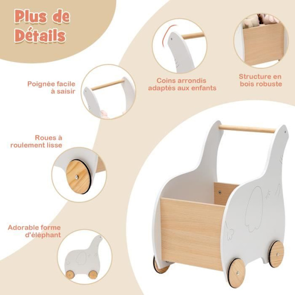 COSTWAY Walking Cart for børn 2-i-1 indkøbskurv Bruges som en gåstol til 1 - 3 år gamle, hvide gummihjul