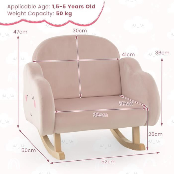 COSTWAY børnegyngestol, sofastol med stel af massivt træ, lyserødt fløjlsstof Rosa