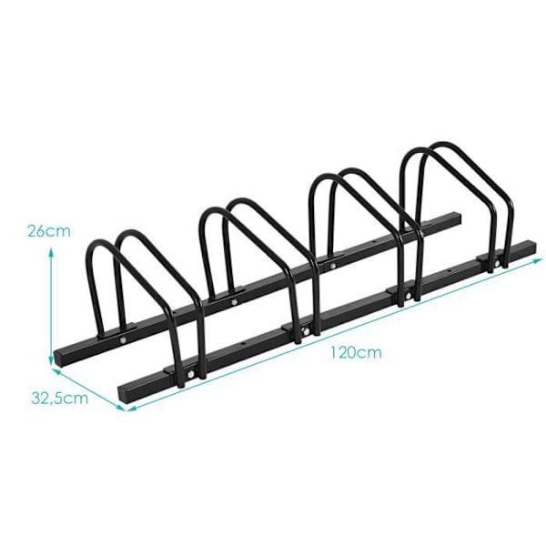 COSTWAY Cykelstativ til 4 Cykler i Stål, Fastgørelse til Gulv eller Væg 120x32.5x26CM, Velegnet til Udendørs Brug, Ruster ikke, Sort til Skole og Erh Svart