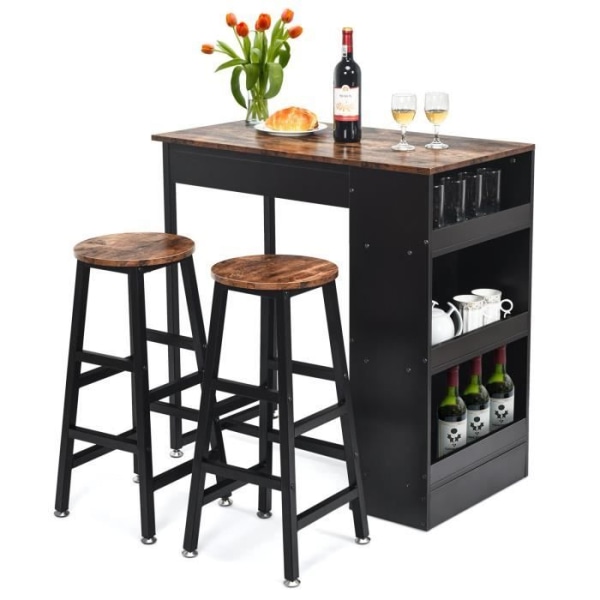 COSTWAY Høj Bar Bord Sæt med 2 Stool H70cm, 3-Niveau Sidehylde, til Køkken, Restaurant