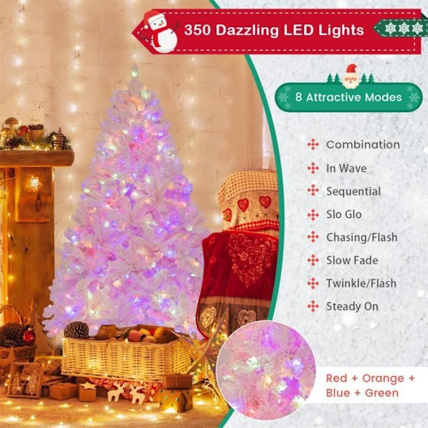 COSTWAY Flocked kunstigt juletræ 185 cm 350 LED-lys i 4 farver og 8 dynamiske tilstande med 808 lyserøde PVC-grene Rosa