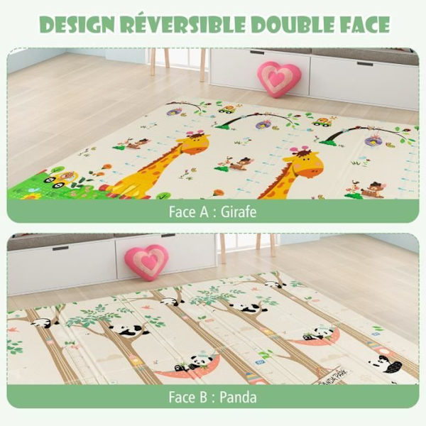 COSTWAY Plegelegetæppe til Baby 200 x 180 cm - Dobbelt Sidemulighed - Transporttaske - Vandtæt XPE Foder uden BPA - Panda Giraff, Panda