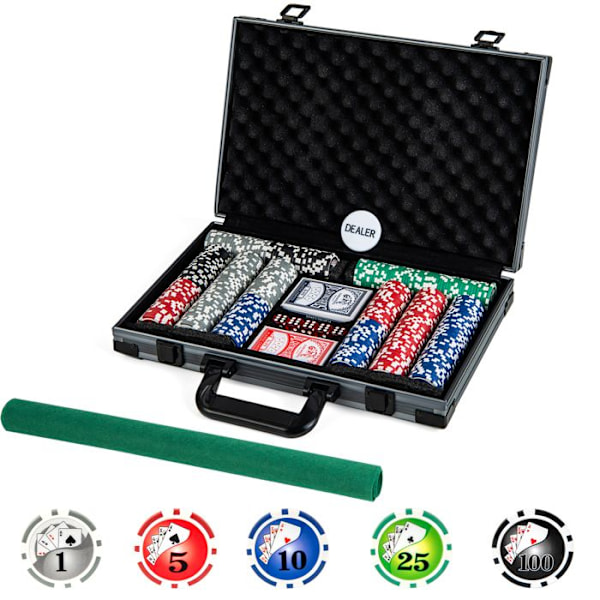 Poker-laukku - COSTWAY - 400 merkkivaloa + 2 pakkaa 54 korttia + 5 noppa + 1 jakajan merkki, huopakumi Svart
