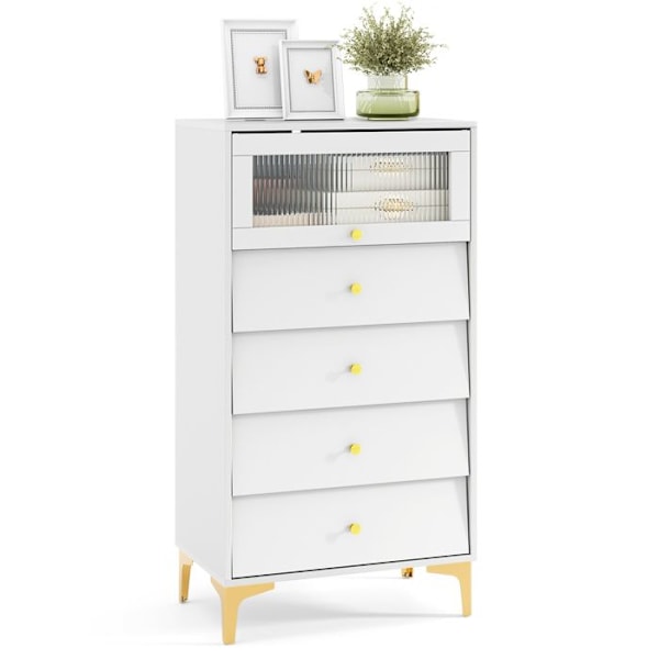 COSTWAY Kommode til Soveværelse med Vippende Glasdør og 4 Skuffe, til Soveværelse, Stue, 60x40x112,5 cm, Hvid Vit