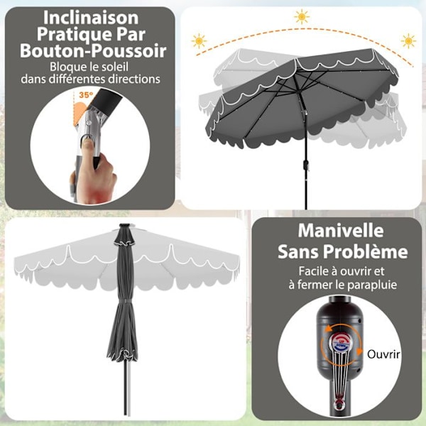 COSTWAY Parasol för Trädgård 3M 24 LED-lampor - Solskydd - Justerbar Lutning 35° - 8 Spön för Strand Terass Grå