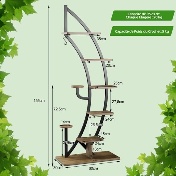 COSTWAY 7-lags metalblomsthylde Halvmåneformet planteholder med anti-tip 60 x 30 x 155 CM