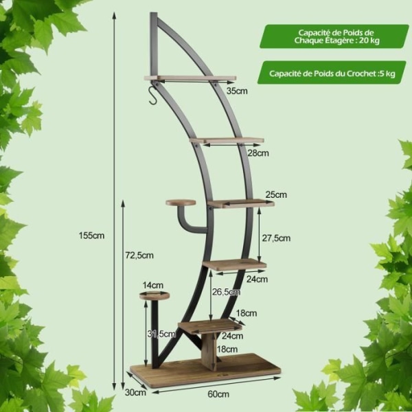 COSTWAY 7-vånings blomsterställ i metall Halvmåneformad växthållare med tippskydd 60 x 30 x 155 CM