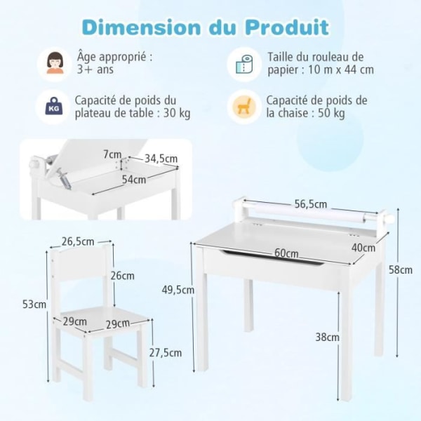 COSTWAY Barnskrivbord med stol, pappersrulle, hopfällbar topp (dold förvaring) i trä i 3+ år vit Vit