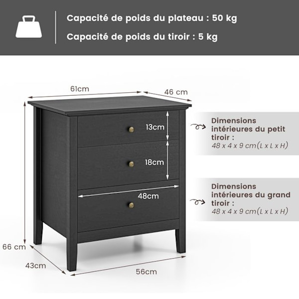COSTWAY sengebord med 3 skuffer, 60,5 x 45,5 x 65,5 cm, sidebord til soveværelse, stue, kontor, sort