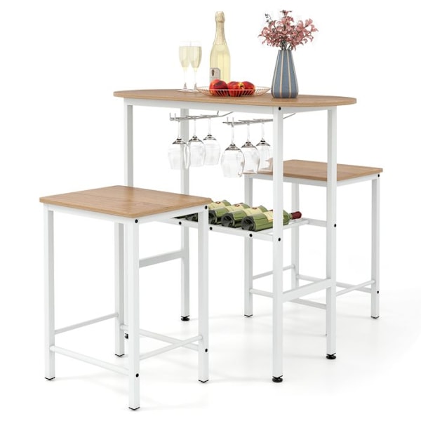 COSTWAY Ensemble 3 Delar - Ovalt Matbord och 2 Barstolar - Flaskhållare, Vinhållare för Kök, Bistro Naturalen