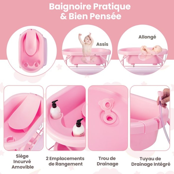 COSTWAY Skiftedragt Baby-Vask 20L 4 i 1 Sammenklappelig 4 Hjul, Slange 1m, Opbevaringsbakke Vandtæt PVC Pude 35Kg Rosa