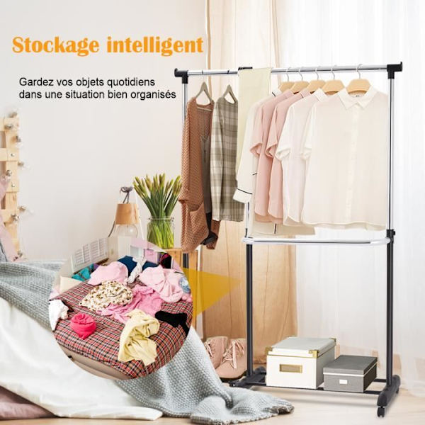 COSTWAY tøjbøjle på hjul Teleskopisk mobil justerbar højde og bredde 57 x 44 x 168 CM (forlænget)