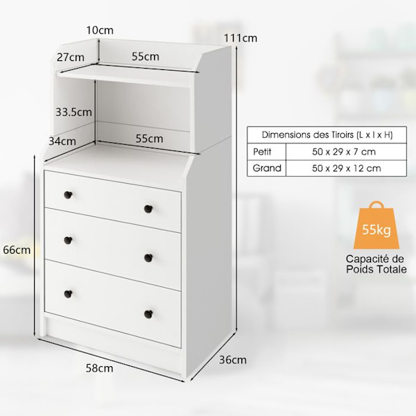 COSTWAY 3 skuffekommode med 2 åbne hylder, anti-tip-enhed, til stue, soveværelse, entré, 58x36x111 cm, hvid Vit