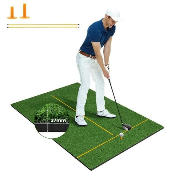 COSTWAY golfträningsmatta 152 x 92 x 2,7 cm med 2 tee-positioner och 2 inriktningsstavar 6 förborrade tee-hål