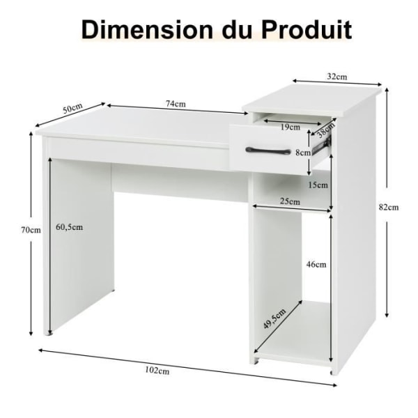 COSTWAY computerbord med skuffe og pc-stativ, computerbord med 2-lags opbevaringshylde, 102x50x82 cm, hvid