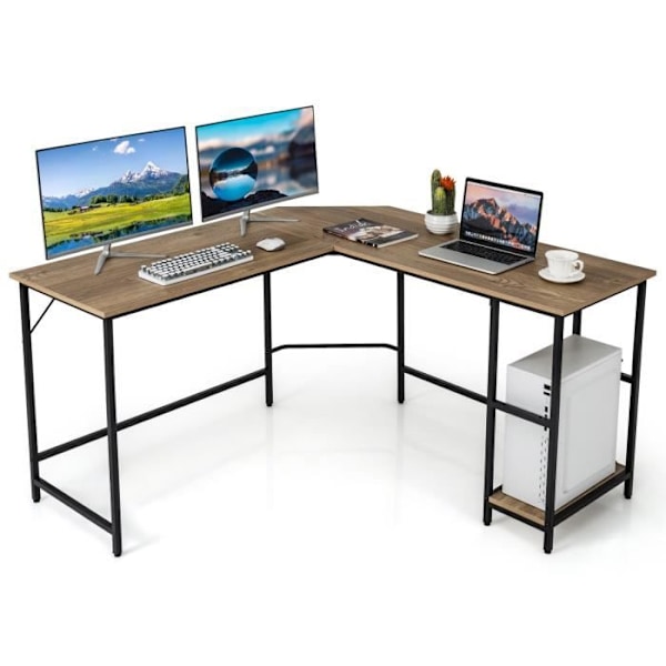 COSTWAY L-muotoinen tietokoneen kulmapöytä 138 CM, teollinen hiiliteräskehyksellä, 2-kerroksinen hylly, luonnollinen Naturlig