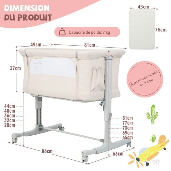 COSTWAY barneseng med 5 justerbare højder, belastning 9 kg, åndbar mesh vuggeseng rejsetaske til baby 0-6 måneder, beige Beige och vit