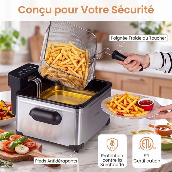 COSTWAY Elektrisk Fritös 5L 2000W med 3 Korgar, LED-Touchskärm, 6 Program, Rostfritt Stål, Tidskontroll, Silver
