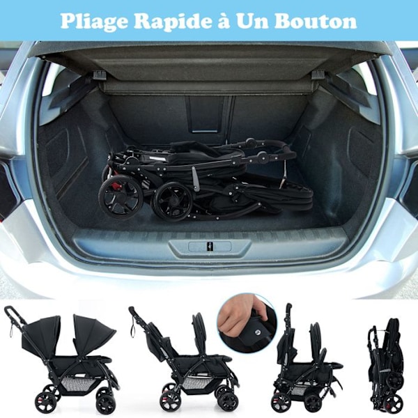 COSTWAY Twin Barnvagn Vikbar Dubbel Baby Baldakin Justerbar Canopy Cane Barnvagn 4 Hjul Anti-chock 5 Point Sele-30kg-Svart