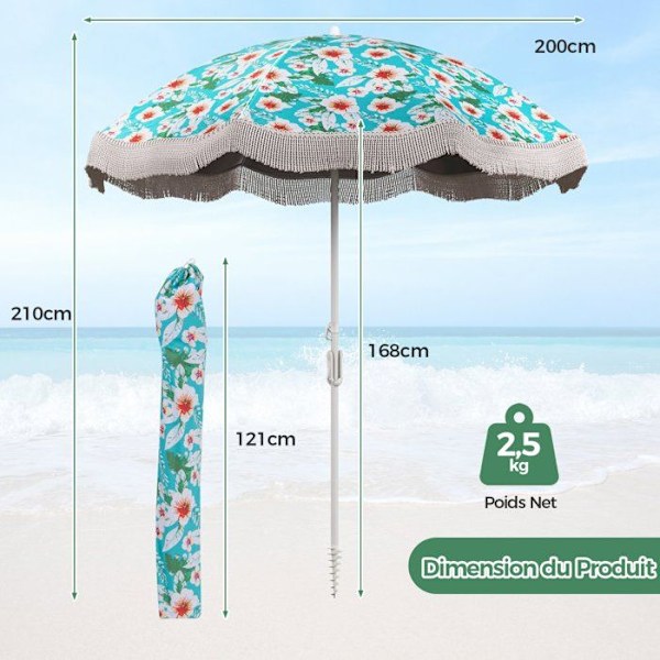COSTWAY strandparasol φ200 cm med frynser, trykknaptilt, sandanker, 8 robuste ribben, bæretaske