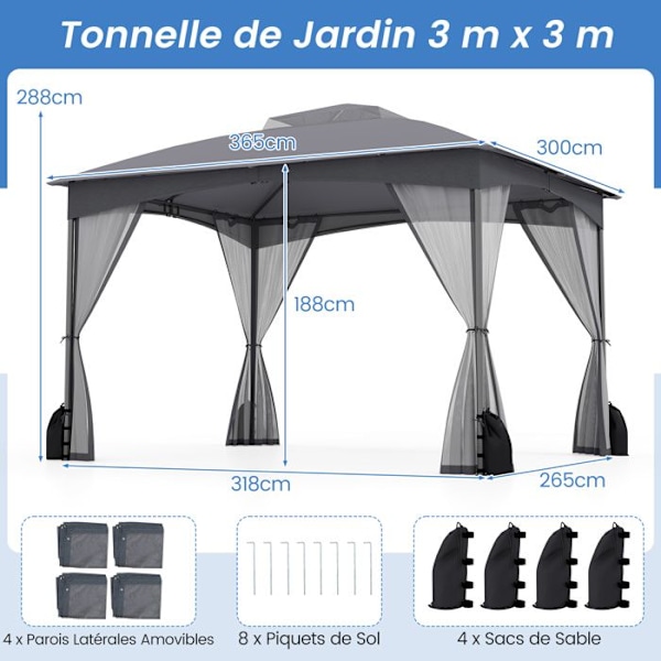 COSTWAY Havepavillon 300 x 365 cm med Netvægge - Vandtæt Gazebo med Dobbelt Tag til Terrasse Reception Grå