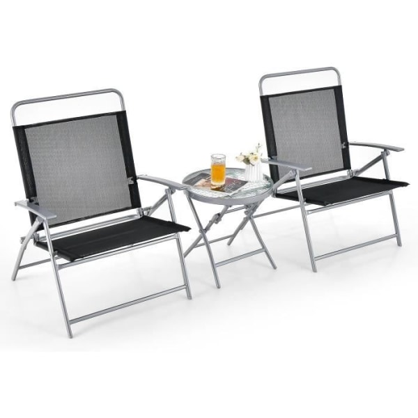 COSTWAY Garden Lounge Set med 2 hopfällbara stolar och 1 bord, metallram, soffbord i härdat glas för balkong uteplats