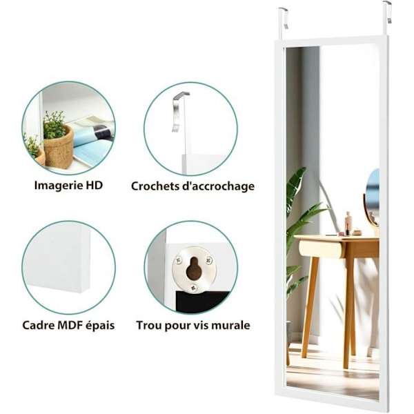 COSTWAY hængende vægspejl, dørspejl 120 x 37 CM med hængekroge, til soveværelse, stue, garderobe hvid